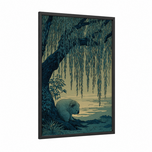 Willow Koala framed art print — black wood frame — teal and cream palette