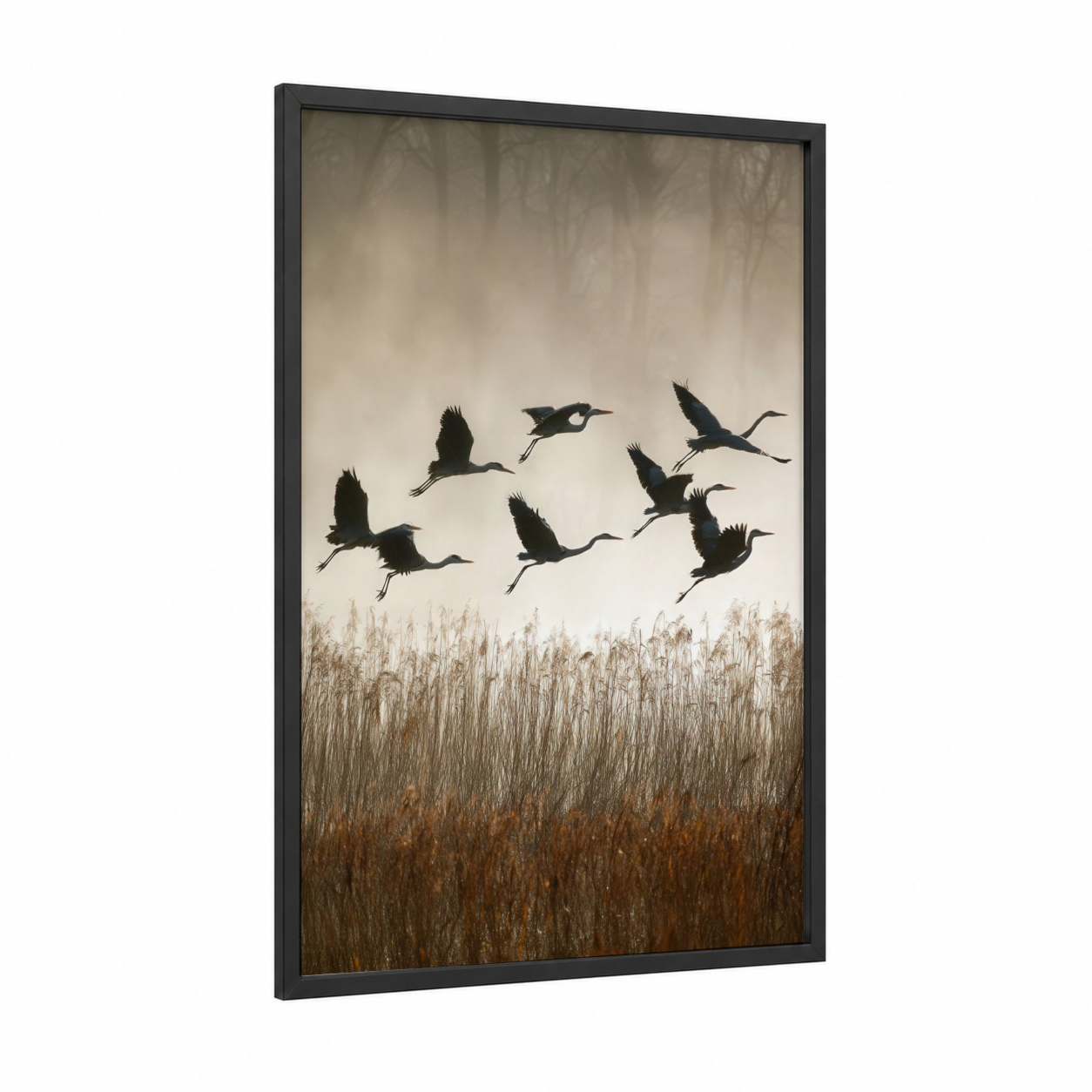 Misty Heron Flight framed art print — black wood frame — beige and black palette