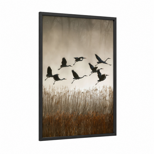 Misty Heron Flight framed art print — black wood frame — beige and black palette