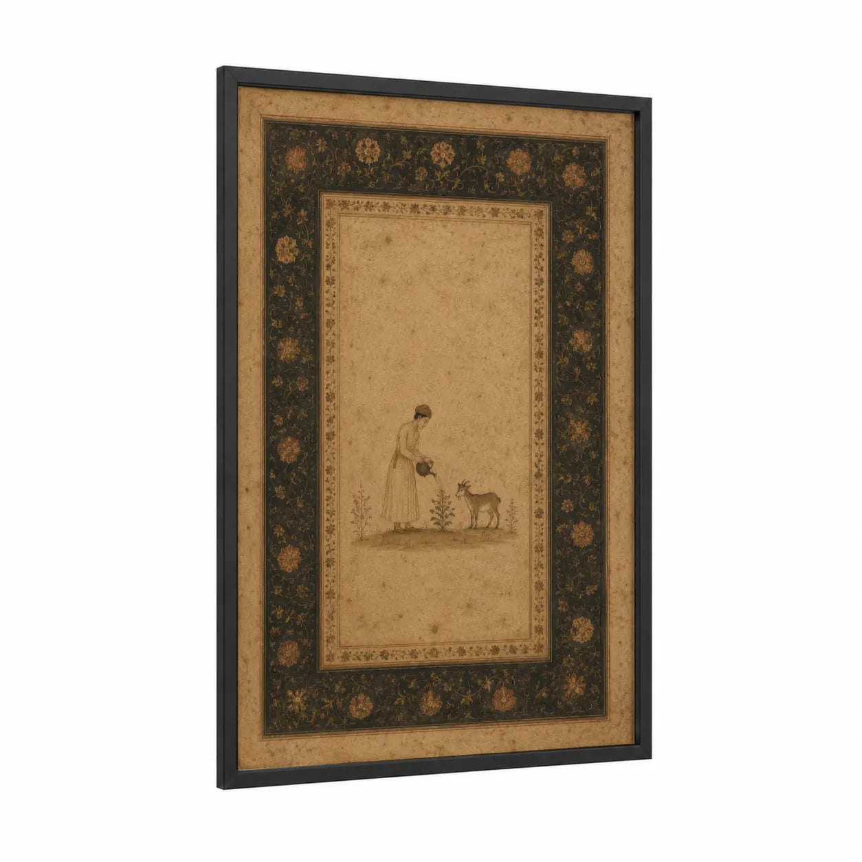 Persian Miniature Goat and Figure Wall Art framed art print — black wood frame — beige and gold palette