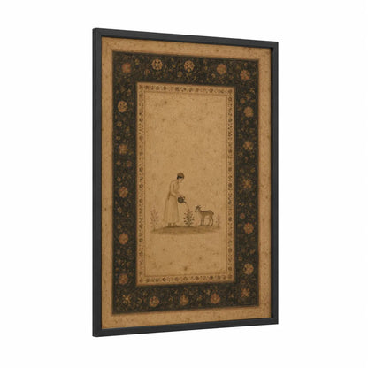 Persian Miniature Goat and Figure Wall Art framed art print — black wood frame — beige and gold palette