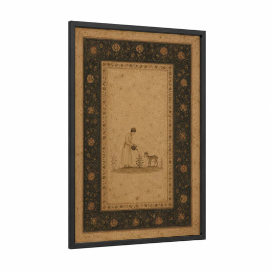 Persian Miniature Goat and Figure Wall Art framed art print — black wood frame — beige and gold palette