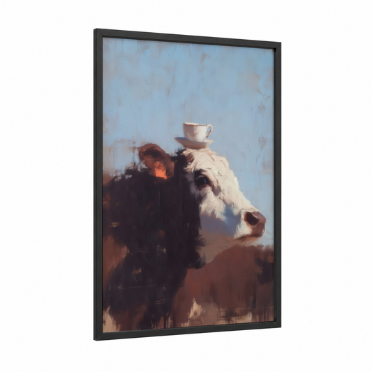 Teacup Angus framed angus cow print — black wood frame — blue and russet palette