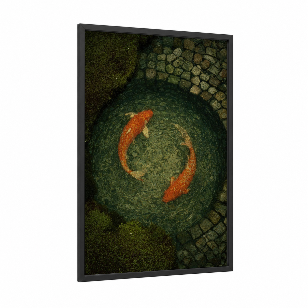 Yin Yang Koi framed koi fish print — black wood frame — dark green and orange palette