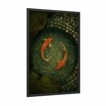 Yin Yang Koi framed koi fish print — black wood frame — dark green and orange palette