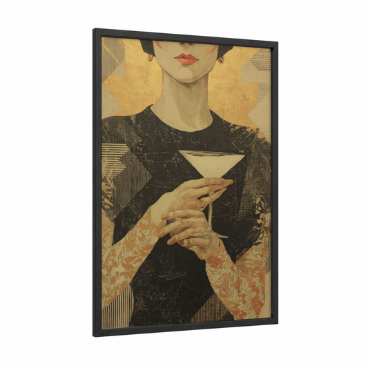 Golden Elegance framed white wine print — black wood frame — gold and black and gold palette
