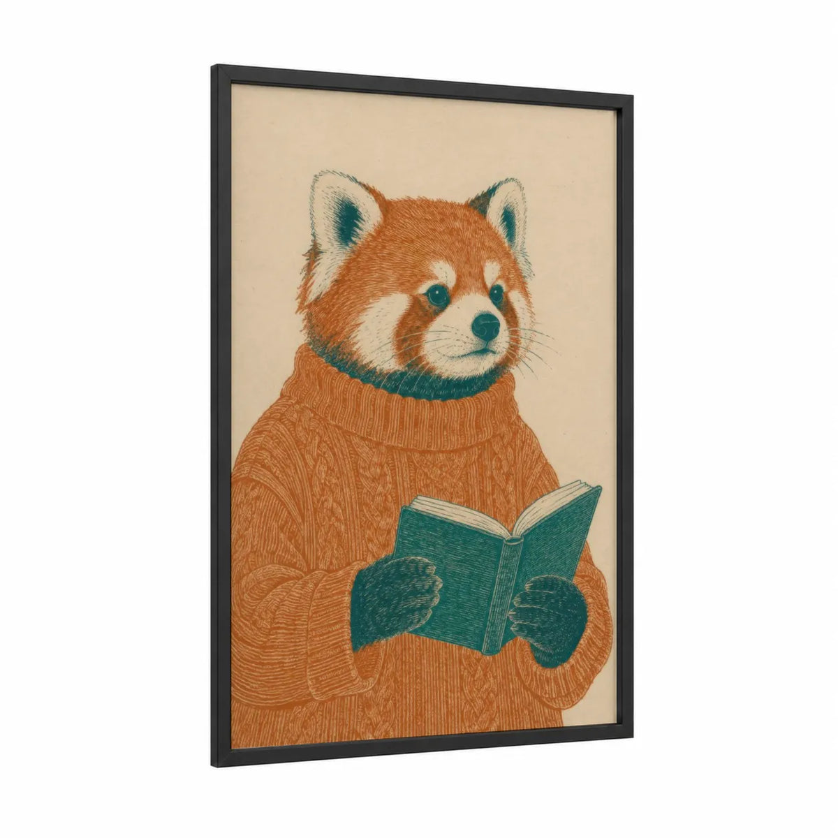 Red Panda Reading Wall Art framed fox print — black wood frame — beige and teal palette