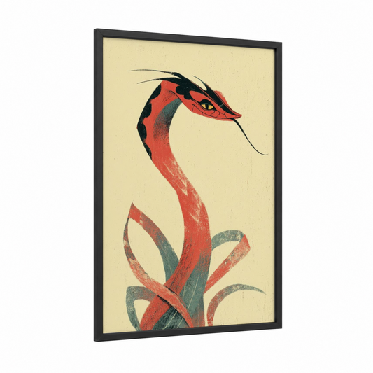 Crimson Serpent framed boa constrictor print — black wood frame — red and teal palette
