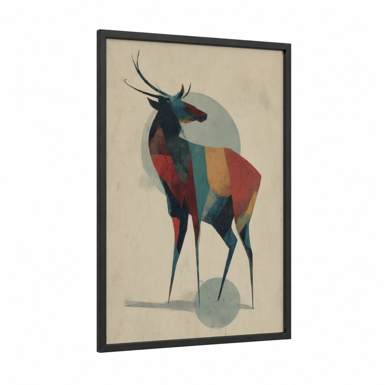 Geometric Elk framed art print — black wood frame — russet and teal palette