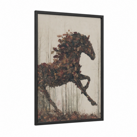 Autumn Horseback framed art print — black wood frame — russet and dove gray palette