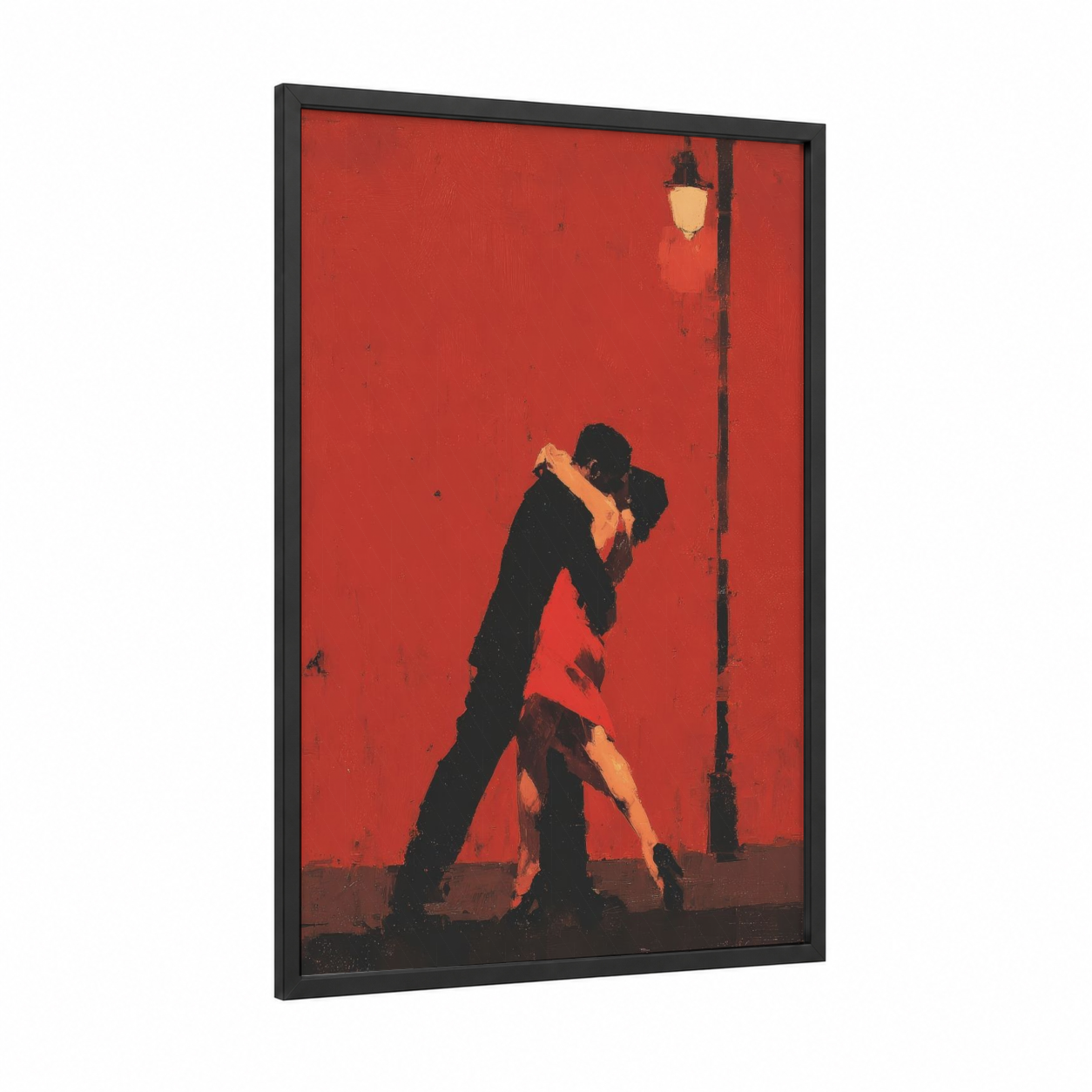 Crimson Tango Embrace framed ballroom dance print — black wood frame — red and black palette