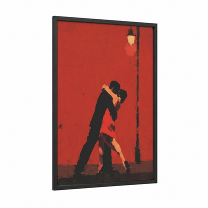 Crimson Tango Embrace framed ballroom dance print — black wood frame — red and black palette
