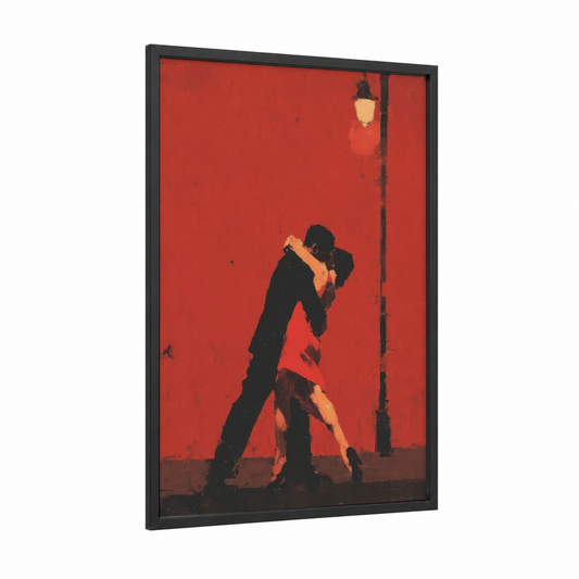 Crimson Tango Embrace framed ballroom dance print — black wood frame — red and black palette