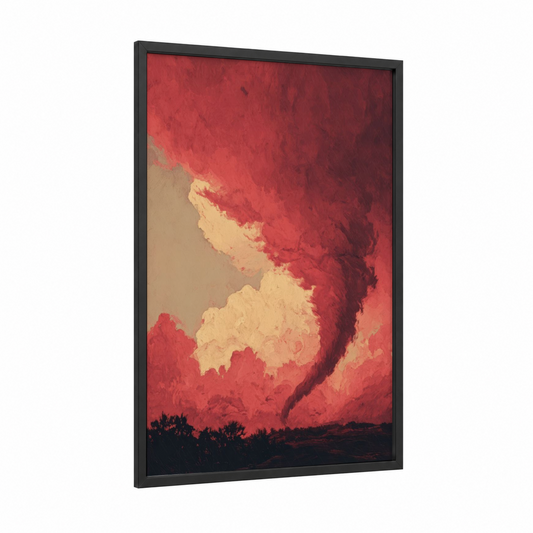 Crimson Tornado framed art print — black wood frame — red and cream palette
