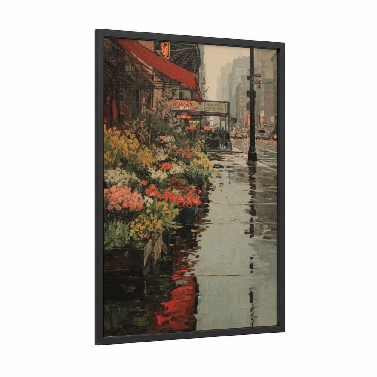 Rainy Spring Blooms framed art print — black wood frame — red and gold palette