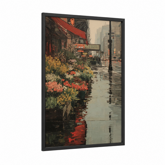 Rainy Spring Blooms framed art print — black wood frame — red and gold palette