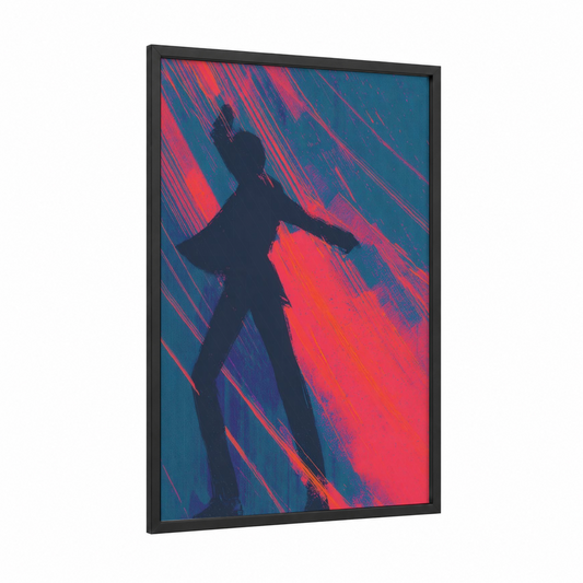 Neon Dancer framed disco print — black wood frame — magenta and dark blue palette