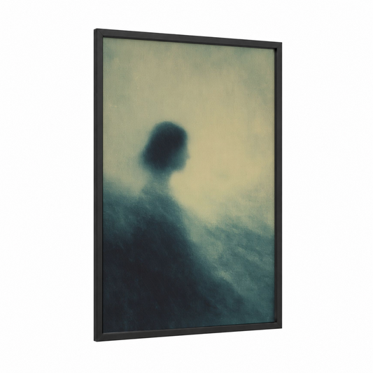 Ethereal Silhouette framed dreamscape print — black wood frame — dove gray and blue palette