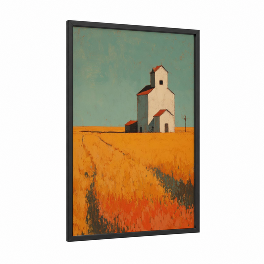 Prairie Grain Elevator framed art print — black wood frame — gold and teal palette