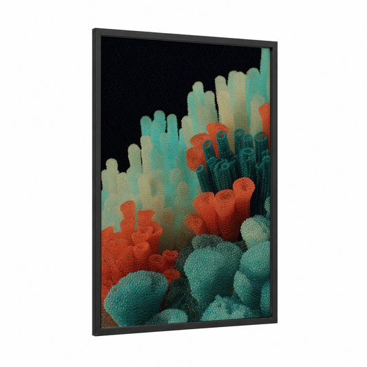 Colorful Cactus Landscape framed beadwork print — black wood frame — teal and orange palette