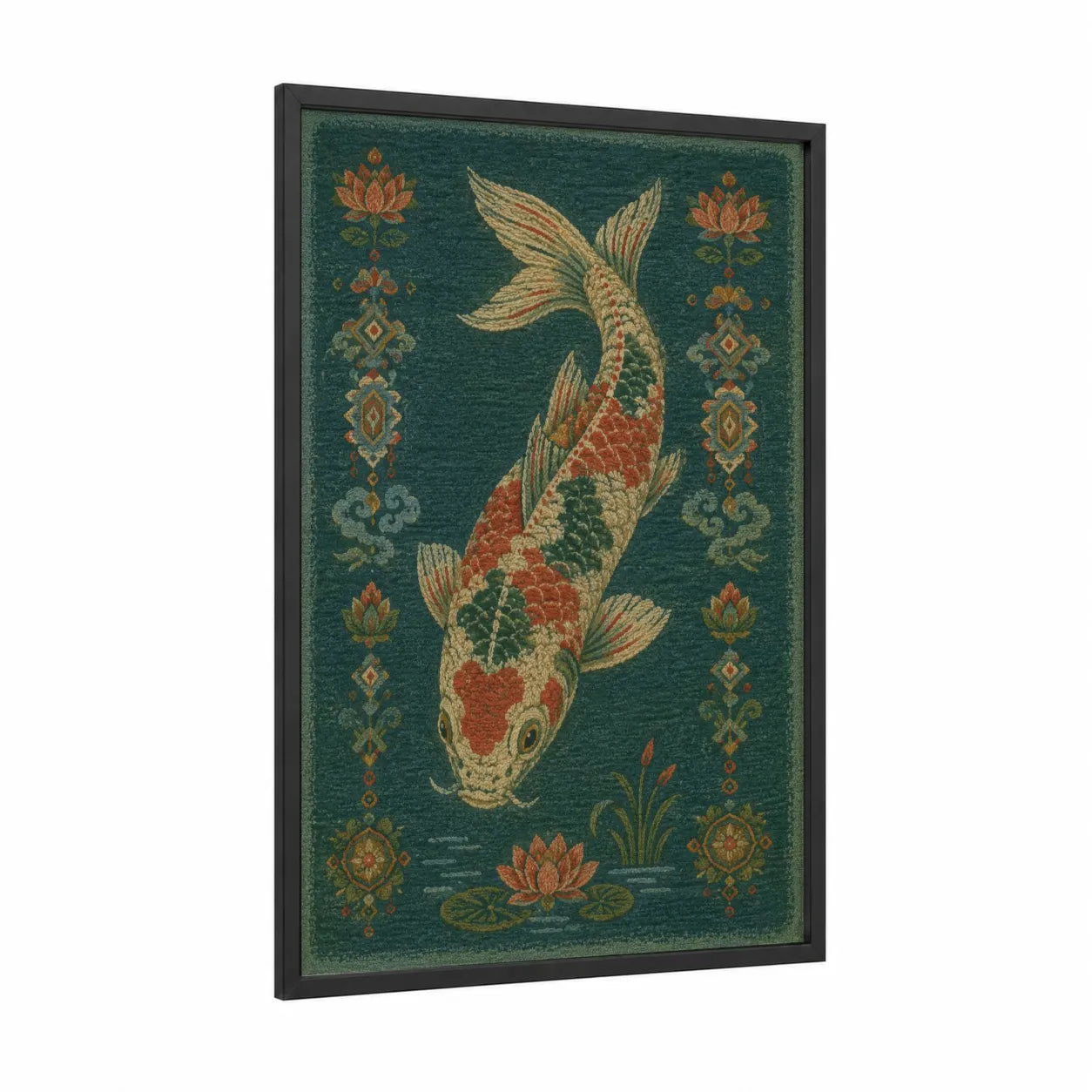 Koi Fish With Lotus Wall Art framed art print — black wood frame — teal and orange palette