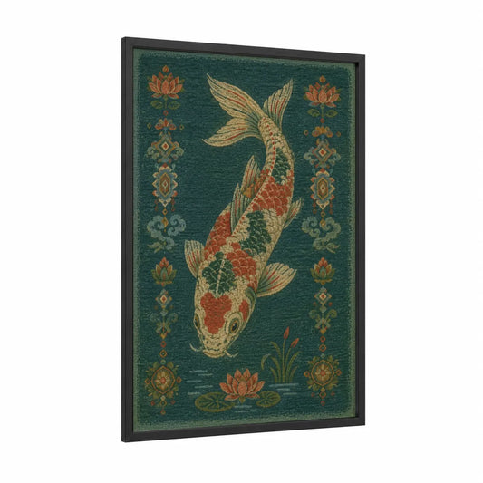 Koi Fish With Lotus Wall Art framed art print — black wood frame — teal and orange palette