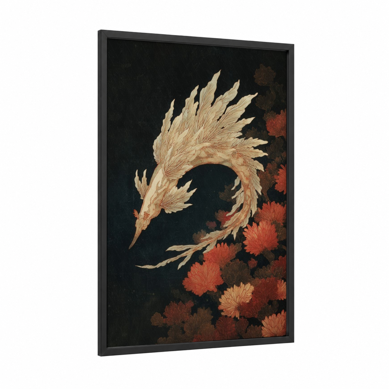 Crimson Nudibranch framed art print — black wood frame — cream and russet palette