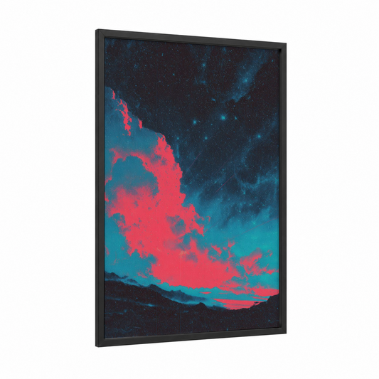 Cosmic Nebula framed art print — black wood frame — magenta and dark blue palette
