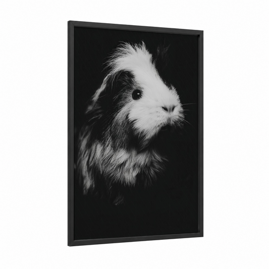 Monochrome Guinea Pig framed art print — black wood frame — black and white palette
