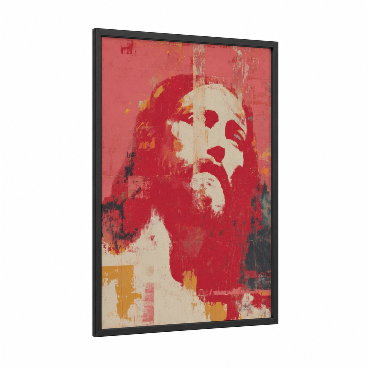 Crimson Christ Portrait framed jesus christ print — black wood frame — red and cream palette