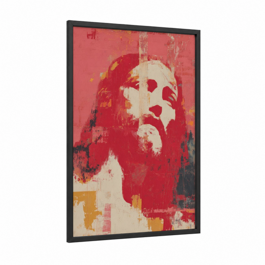 Crimson Christ Portrait framed jesus christ print — black wood frame — red and cream palette