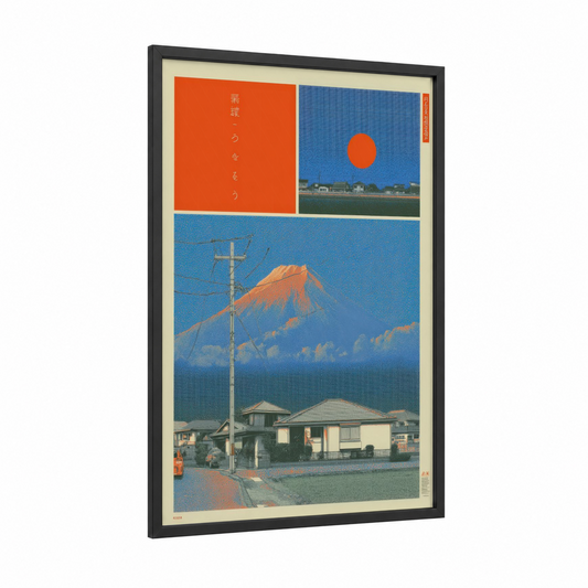 Crimson Sun Landscape framed japanese y2k print — black wood frame — royal blue and orange palette