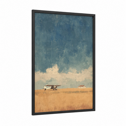 Prairie Aviator framed propeller plane print — black wood frame — blue and gold and white palette