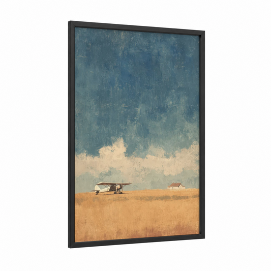 Prairie Aviator framed propeller plane print — black wood frame — blue and gold and white palette