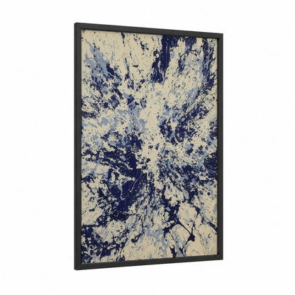 Indigo Tuna Splash framed art print — black wood frame — cream palette