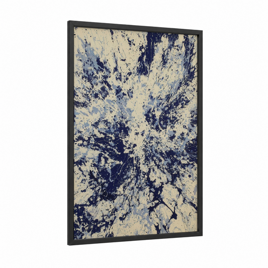 Indigo Tuna Splash framed art print — black wood frame — cream palette
