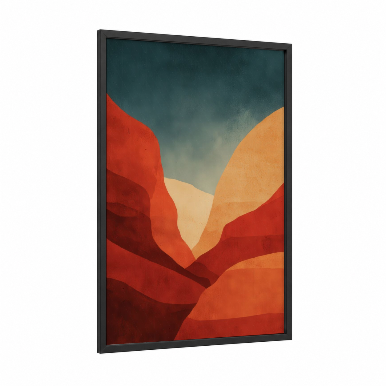 Crimson Canyon framed art print — black wood frame — red and orange palette