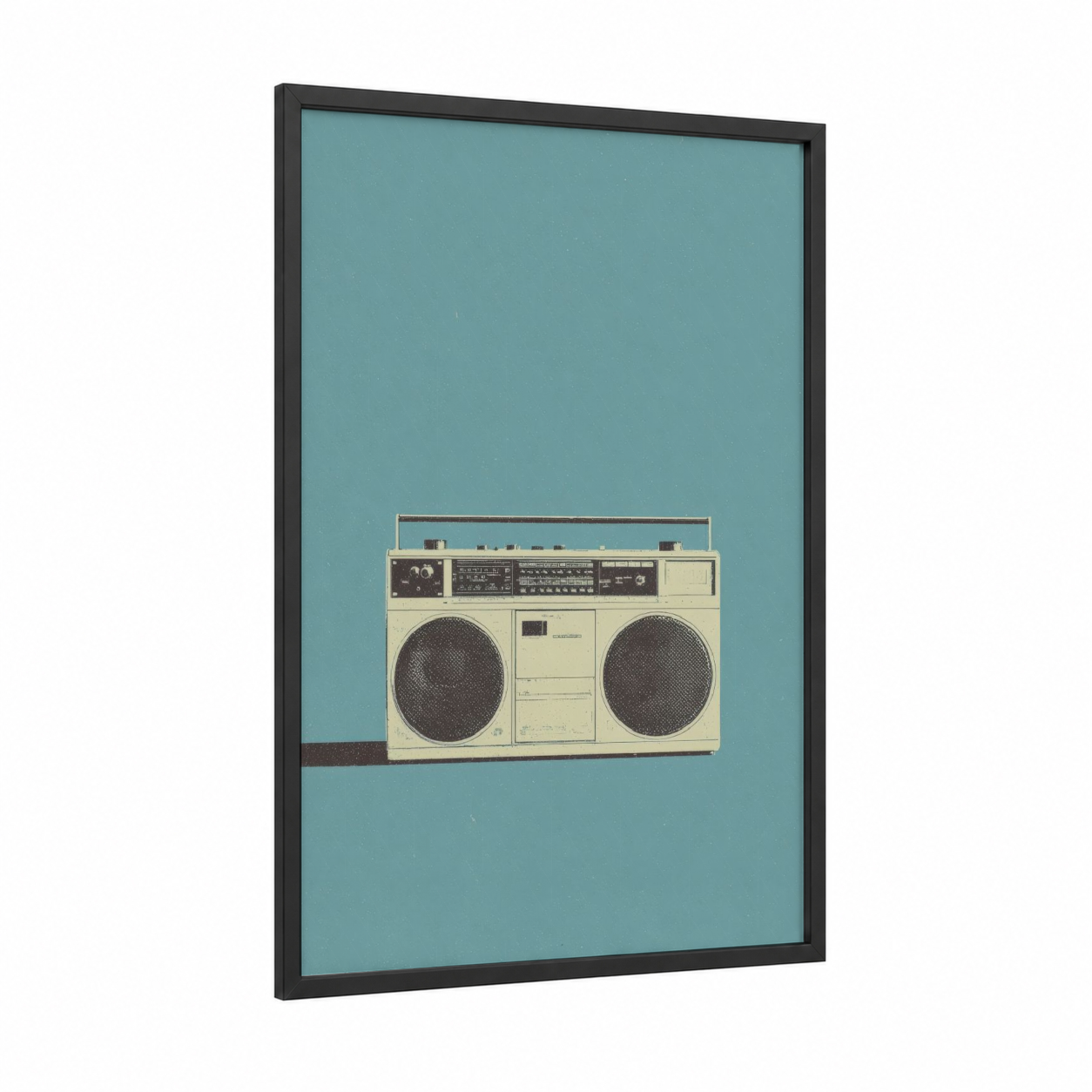 Retro Cream Boombox framed art print — black wood frame — cream and bermuda gray palette