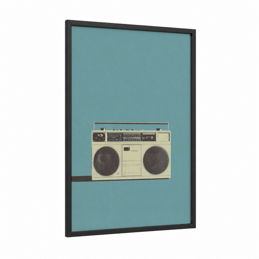 Retro Cream Boombox framed art print — black wood frame — cream and bermuda gray palette