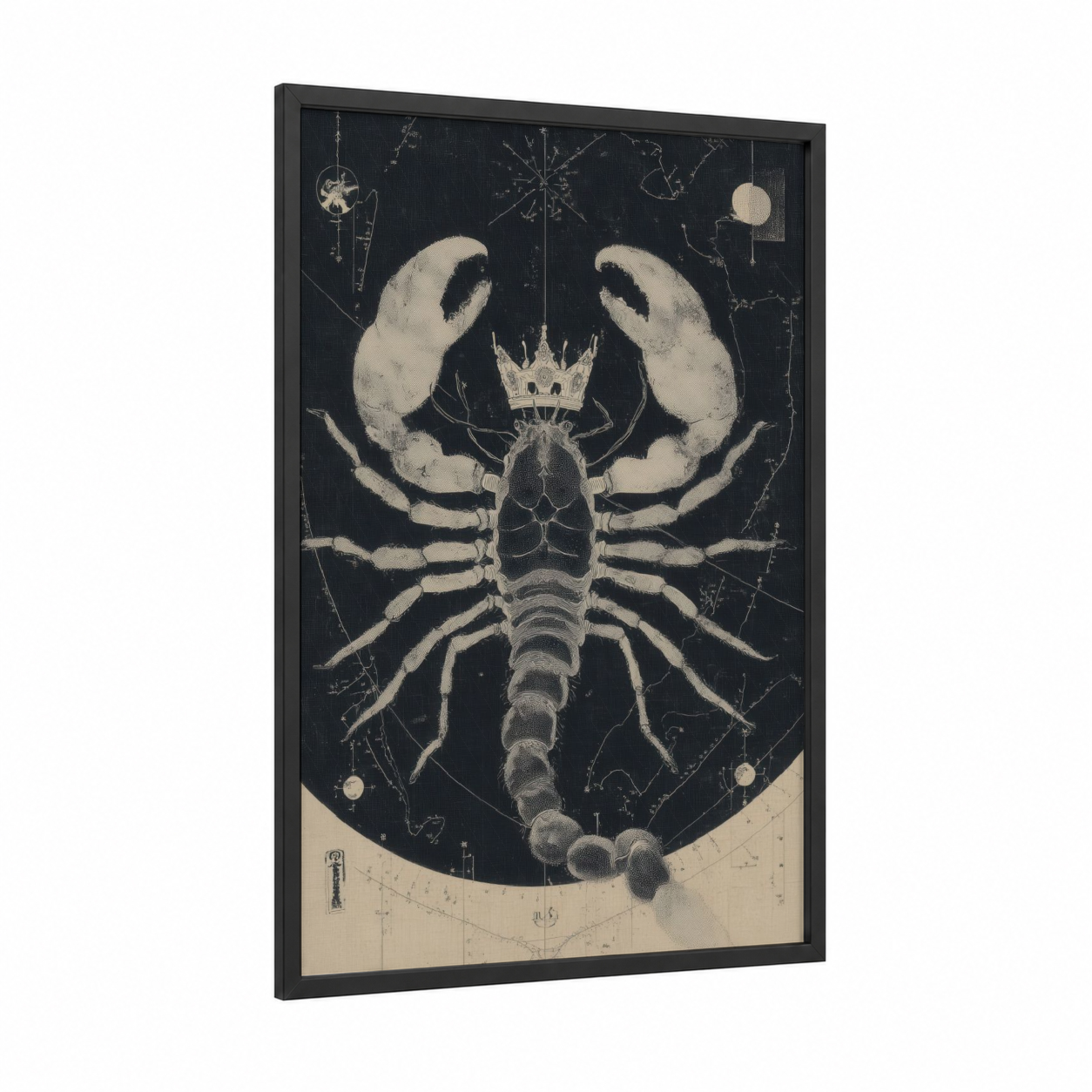 Celestial Scorpio framed art print — black wood frame — cream and black palette