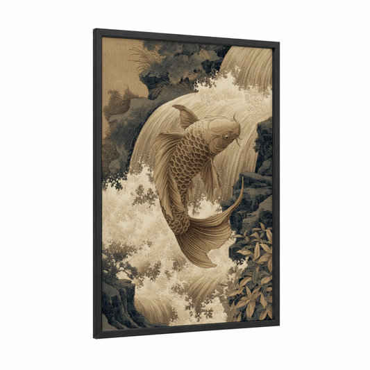 Flowing Betta Fish framed art print — black wood frame — beige and dark green palette