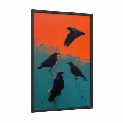 Sunset Ravens framed crows and ravens print — black wood frame — orange and teal palette