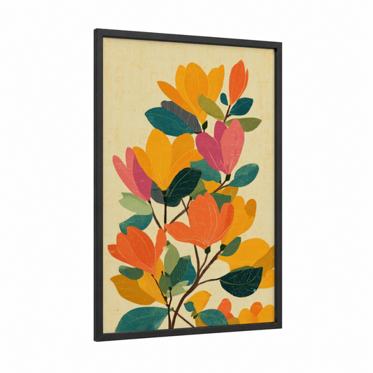 Autumn Magnolia framed art print — black wood frame — gold and teal palette