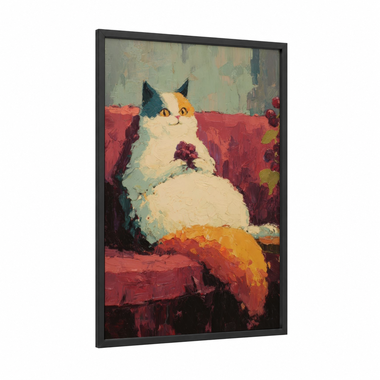 Calico Garden Cat framed art print — black wood frame — red and orange palette