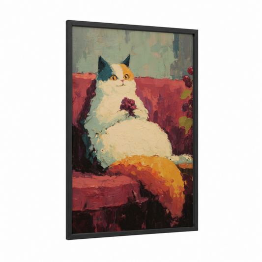 Calico Garden Cat framed art print — black wood frame — red and orange palette