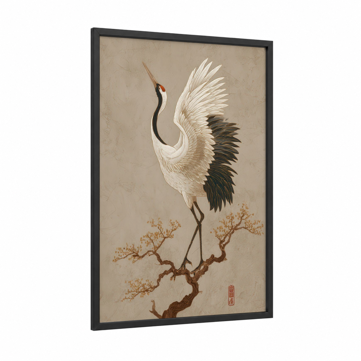 Elegant Crane Branch framed art print — black wood frame — cream and brown palette