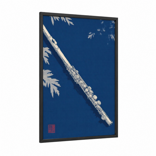 Silver Flute Study framed art print — black wood frame — blue and white palette