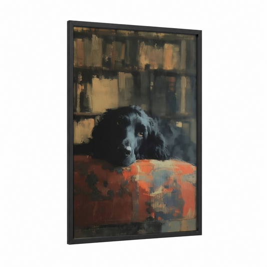 Resting Spaniel framed art print — black wood frame — gold and black palette