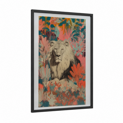 Tropical Lion framed art print — black wood frame — salmon pink and teal palette