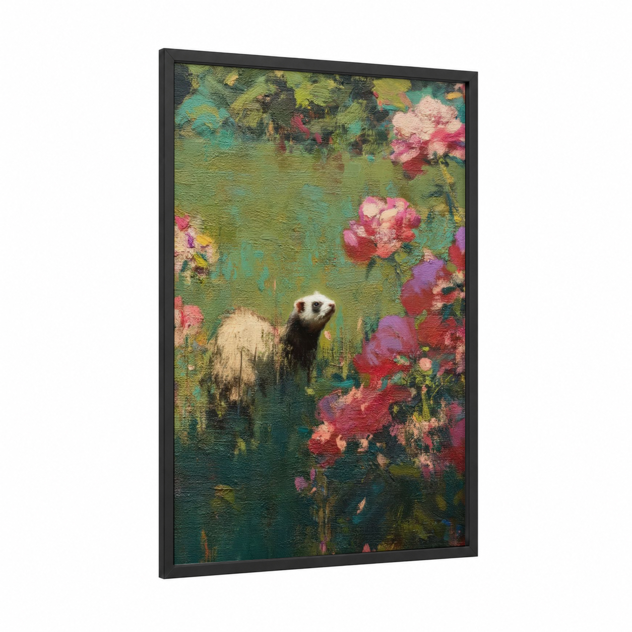 Ferret Garden framed art print — black wood frame — green and pink palette
